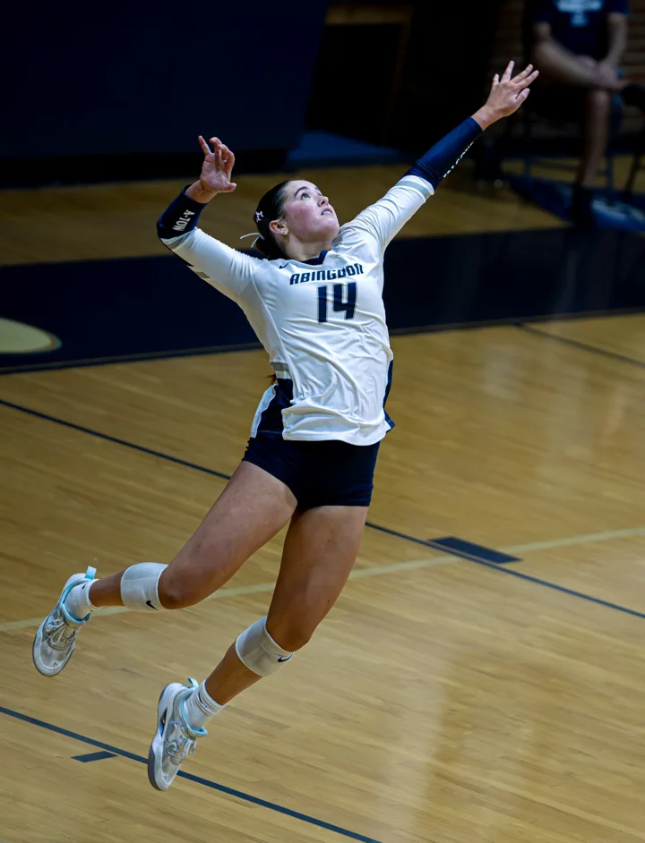 A volleyball player in a white number 14 jersey leaps with her arm extended toward the ball.