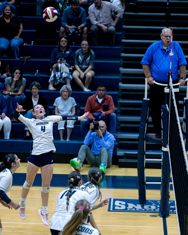 A volleyball player in white rises above the net as teammates watch from below.