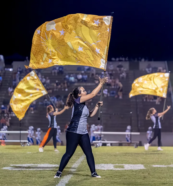 Color guard performers sweep large gold flags through the air.