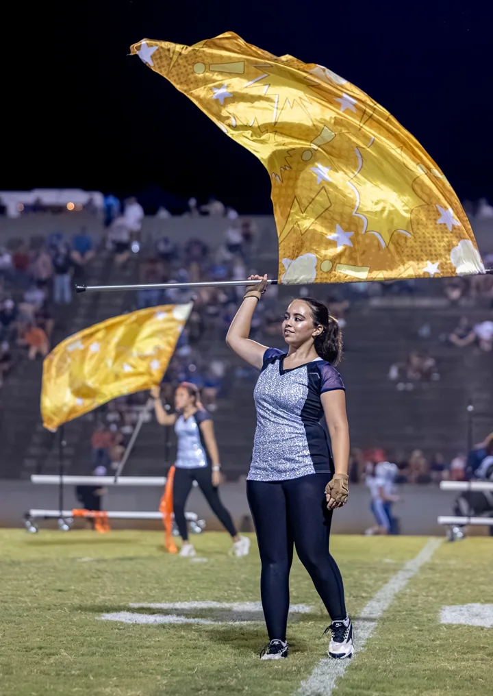 A color guard performer holds a gold flag high during a field routine.