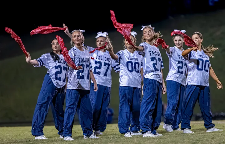 A group of performers raises red scarves during a field routine.
