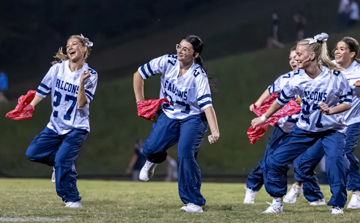 Performers kick and swing red scarves during a group routine.