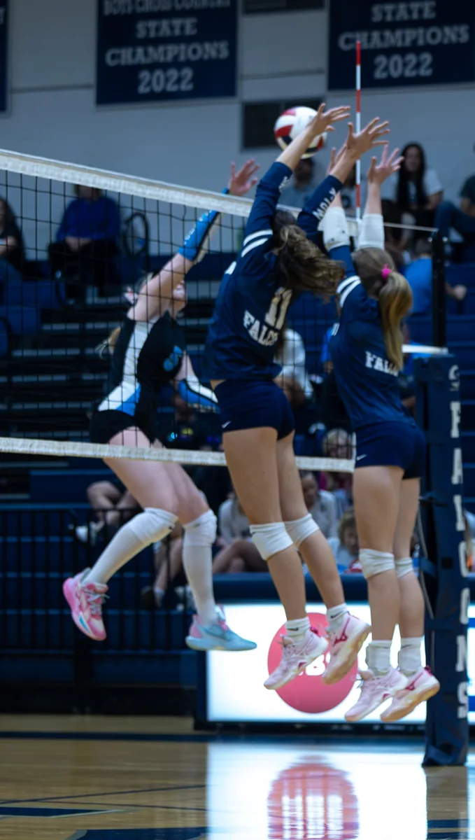 Two volleyball teammates jump together with their hands raised above the net.