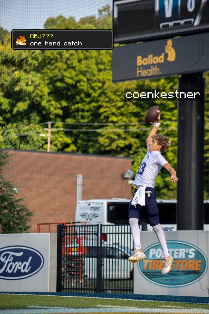 Creative sports edit of a player making a one-handed catch with a game-style achievement overlay.